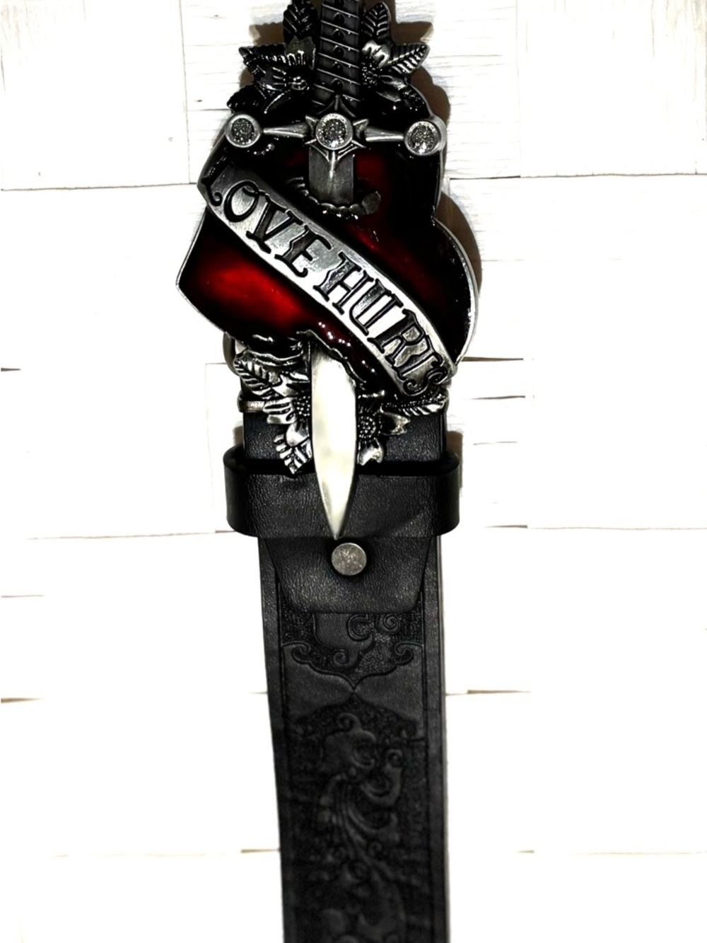 Black Men’s Belt with Red Accent Love Hurts Buckle. Size 42
